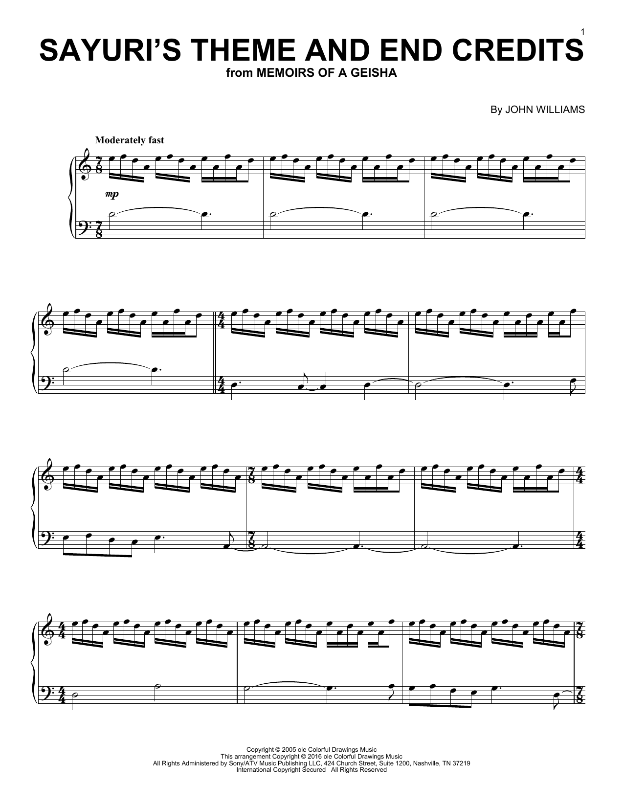 Learn to play John Williams Sayuri's Theme And End Credits (from Memoirs Of A Geisha) sheet music for Piano in minutes. John Williams Sayuri's Theme And End Credits (from Memoirs Of A Geisha) sheet music preview music notes and score for Piano including 7 page(s)