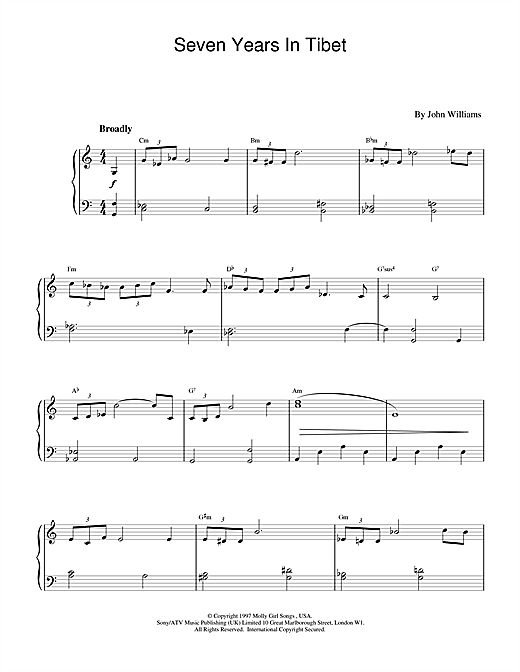 Learn to play John Williams Seven Years In Tibet sheet music for Piano in minutes. John Williams Seven Years In Tibet sheet music notes and chords