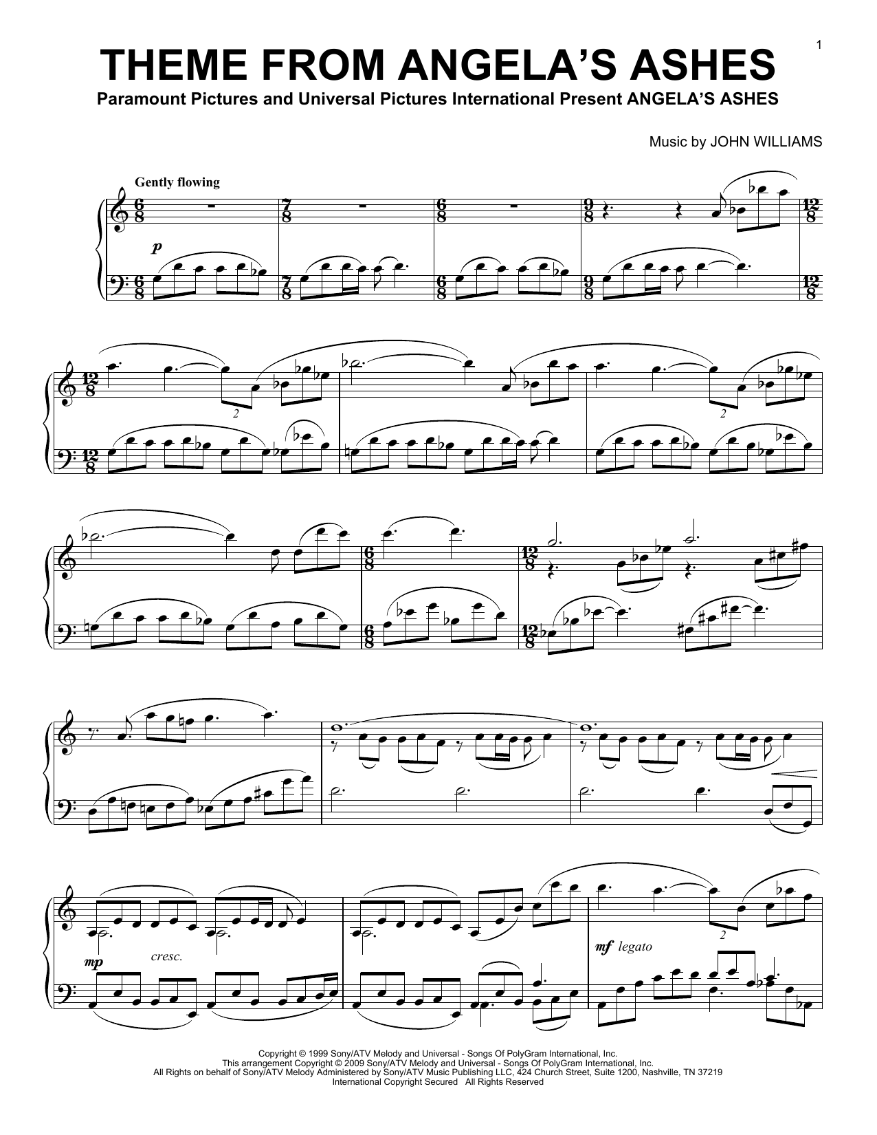 Learn to play John Williams Theme From Angela's Ashes sheet music for Piano in minutes. John Williams Theme From Angela's Ashes sheet music preview music notes and score for Piano including 6 page(s)