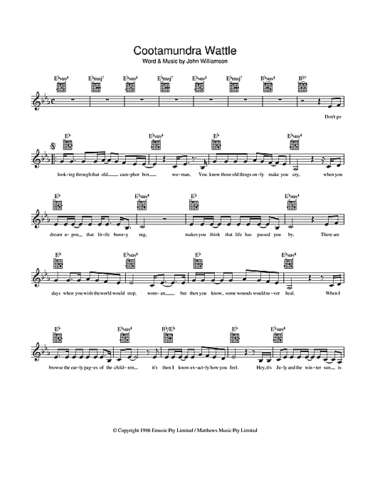 Learn to play John Williamson Cootamundra Wattle sheet music for Melody Line, Lyrics & Chords in minutes. John Williamson Cootamundra Wattle sheet music preview music notes and score for Melody Line, Lyrics & Chords including 2 page(s)