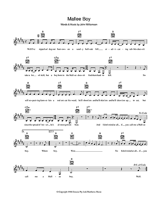 Learn to play John Williamson Mallee Boy sheet music for Melody Line, Lyrics & Chords in minutes. John Williamson Mallee Boy sheet music preview music notes and score for Melody Line, Lyrics & Chords including 2 page(s)