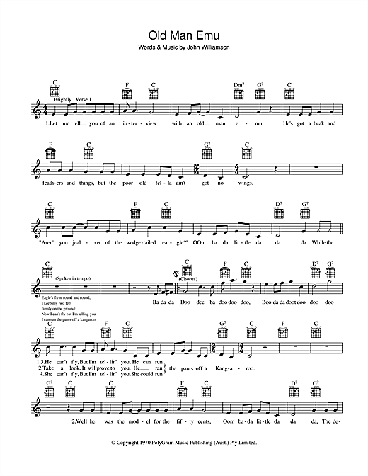 Learn to play John Williamson Old Man Emu sheet music for Melody Line, Lyrics & Chords in minutes. John Williamson Old Man Emu sheet music preview music notes and score for Melody Line, Lyrics & Chords including 2 page(s)