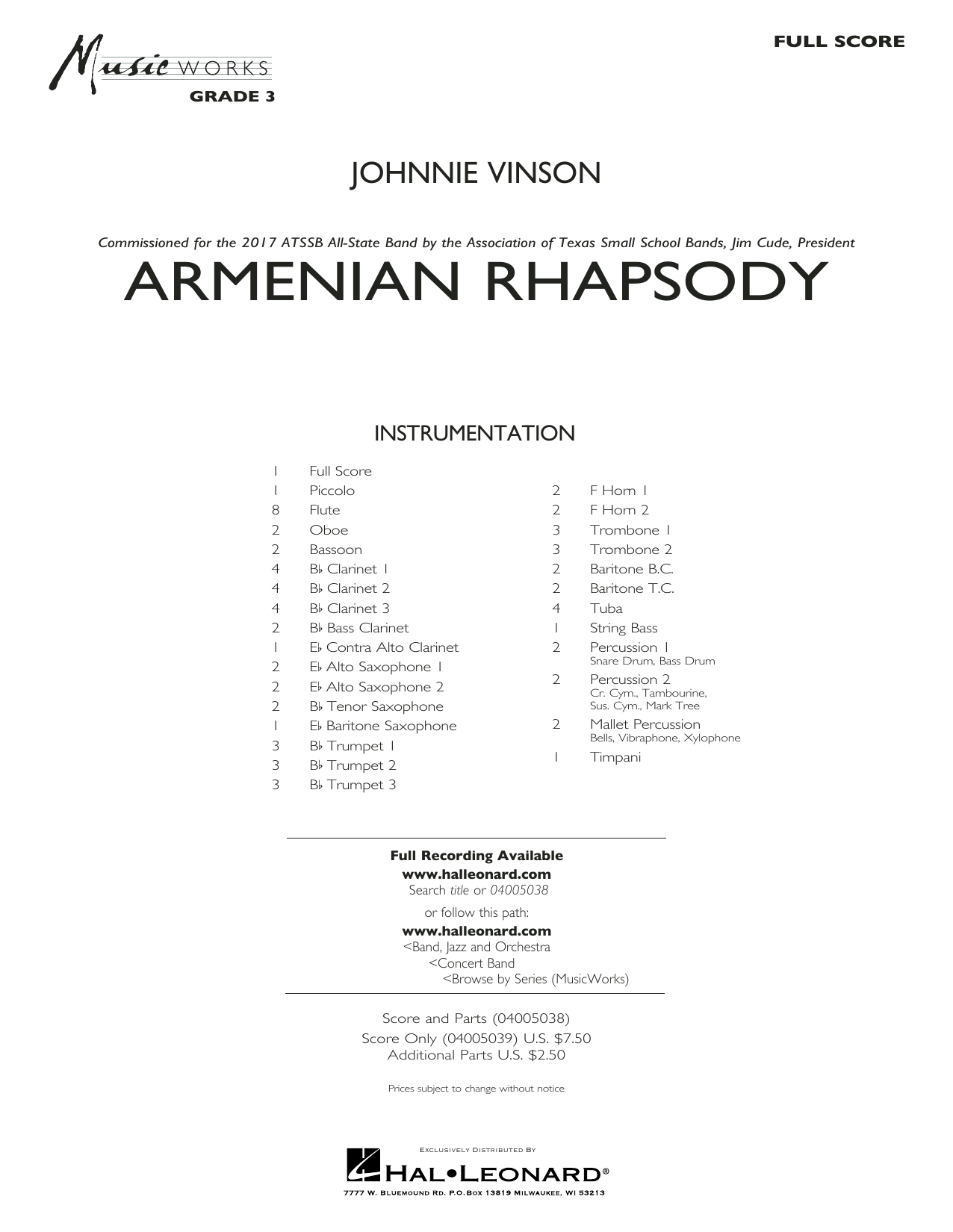 Learn to play Johnnie Vinson Armenian Rhapsody - Conductor Score (Full Score) sheet music for Concert Band in minutes. Johnnie Vinson Armenian Rhapsody - Conductor Score (Full Score) sheet music preview music notes and score for Concert Band including 31 page(s)
