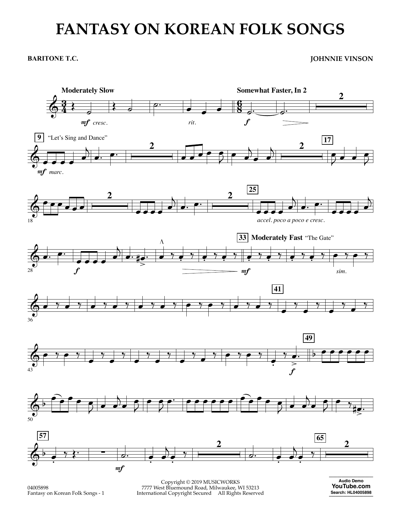 Learn to play Johnnie Vinson Fantasy on Korean Folk Songs - Baritone T.C. sheet music for Concert Band in minutes. Johnnie Vinson Fantasy on Korean Folk Songs - Baritone T.C. sheet music preview music notes and score for Concert Band including 2 page(s)