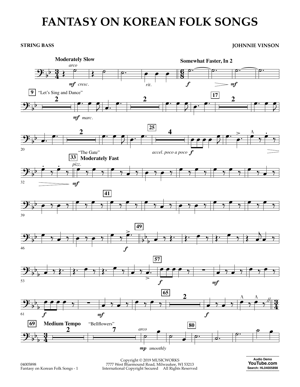 Learn to play Johnnie Vinson Fantasy on Korean Folk Songs - Bass sheet music for Concert Band in minutes. Johnnie Vinson Fantasy on Korean Folk Songs - Bass sheet music preview music notes and score for Concert Band including 2 page(s)
