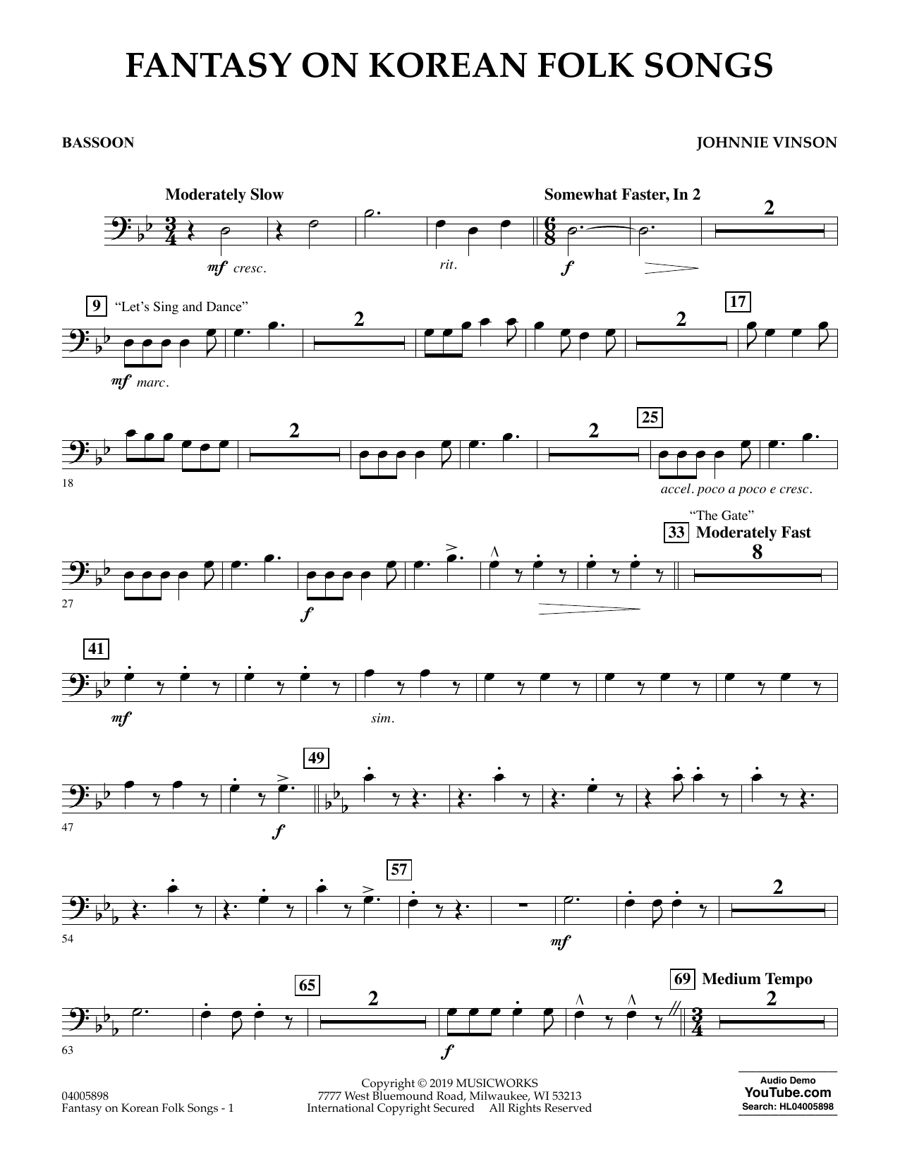 Learn to play Johnnie Vinson Fantasy on Korean Folk Songs - Bassoon sheet music for Concert Band in minutes. Johnnie Vinson Fantasy on Korean Folk Songs - Bassoon sheet music preview music notes and score for Concert Band including 2 page(s)
