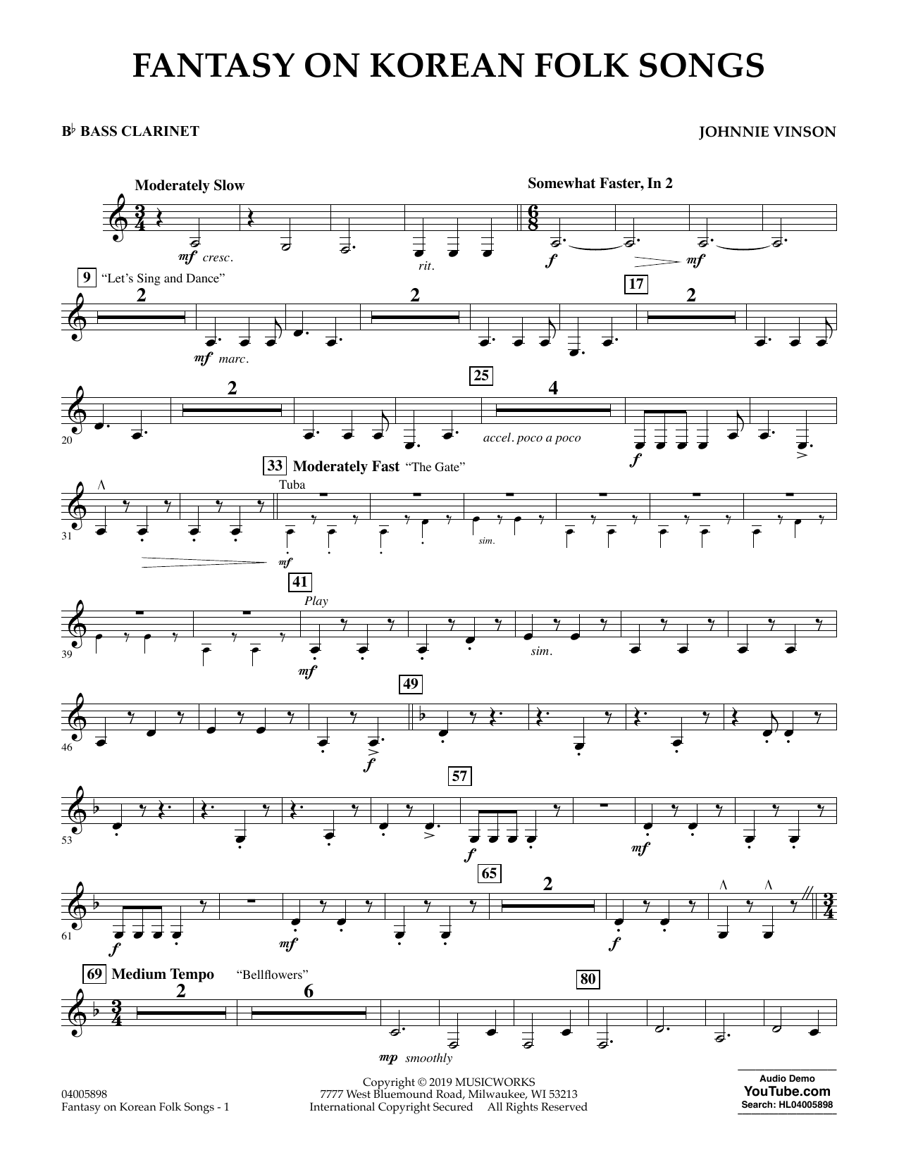 Learn to play Johnnie Vinson Fantasy on Korean Folk Songs - Bb Bass Clarinet sheet music for Concert Band in minutes. Johnnie Vinson Fantasy on Korean Folk Songs - Bb Bass Clarinet sheet music preview music notes and score for Concert Band including 2 page(s)