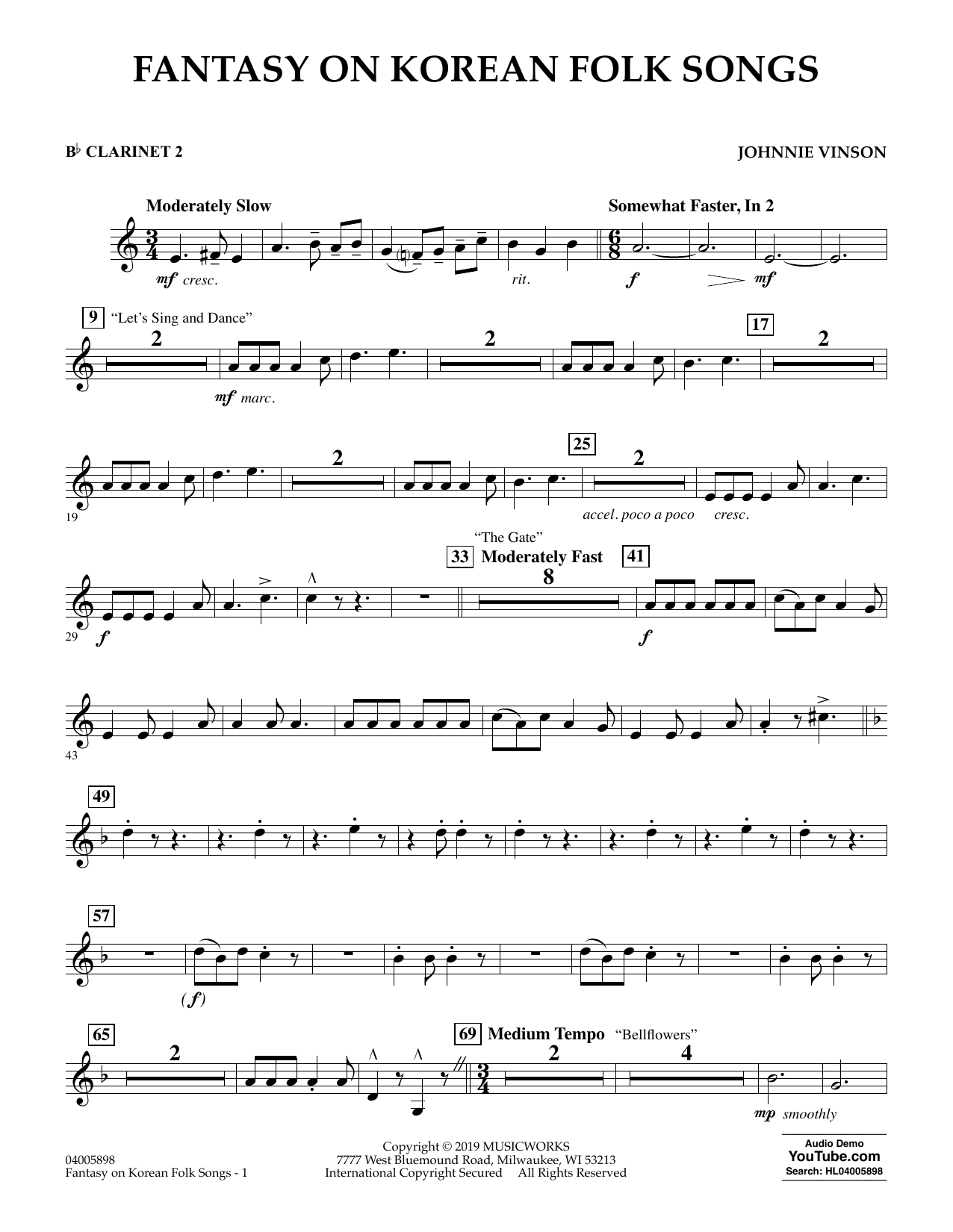 Learn to play Johnnie Vinson Fantasy on Korean Folk Songs - Bb Clarinet 2 sheet music for Concert Band in minutes. Johnnie Vinson Fantasy on Korean Folk Songs - Bb Clarinet 2 sheet music preview music notes and score for Concert Band including 2 page(s)