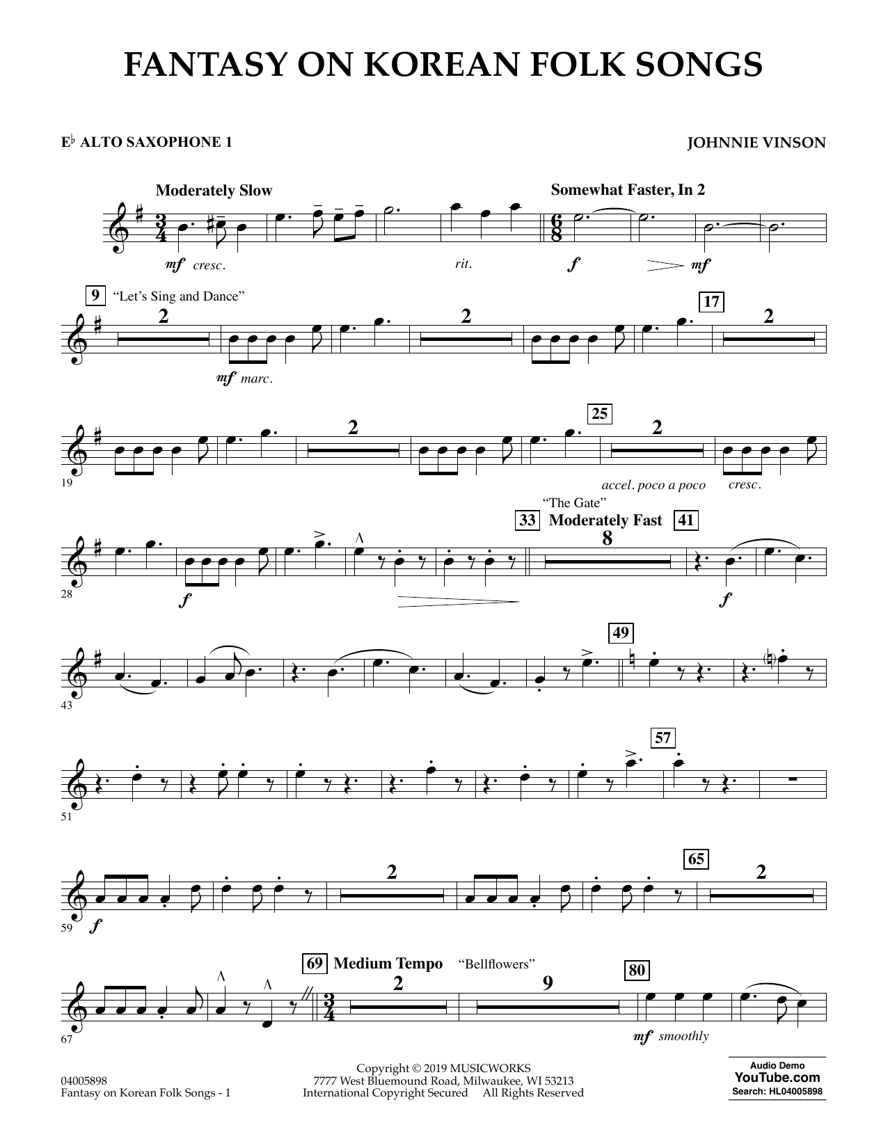 Learn to play Johnnie Vinson Fantasy on Korean Folk Songs - Eb Alto Saxophone 1 sheet music for Concert Band in minutes. Johnnie Vinson Fantasy on Korean Folk Songs - Eb Alto Saxophone 1 sheet music preview music notes and score for Concert Band including 2 page(s)