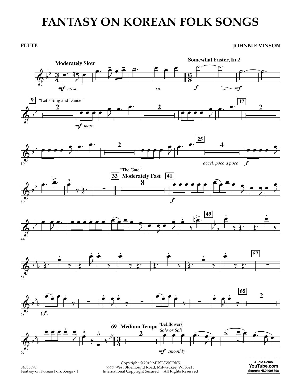 Learn to play Johnnie Vinson Fantasy on Korean Folk Songs - Flute sheet music for Concert Band in minutes. Johnnie Vinson Fantasy on Korean Folk Songs - Flute sheet music preview music notes and score for Concert Band including 2 page(s)