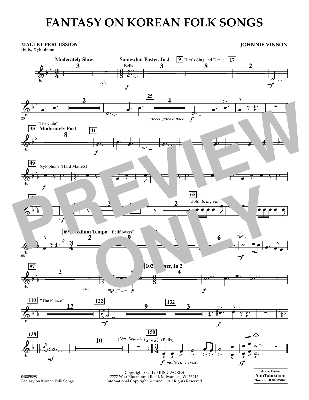 Learn to play Johnnie Vinson Fantasy on Korean Folk Songs - Mallet Percussion sheet music for Concert Band in minutes. Johnnie Vinson Fantasy on Korean Folk Songs - Mallet Percussion sheet music preview music notes and score for Concert Band including 1 page(s)