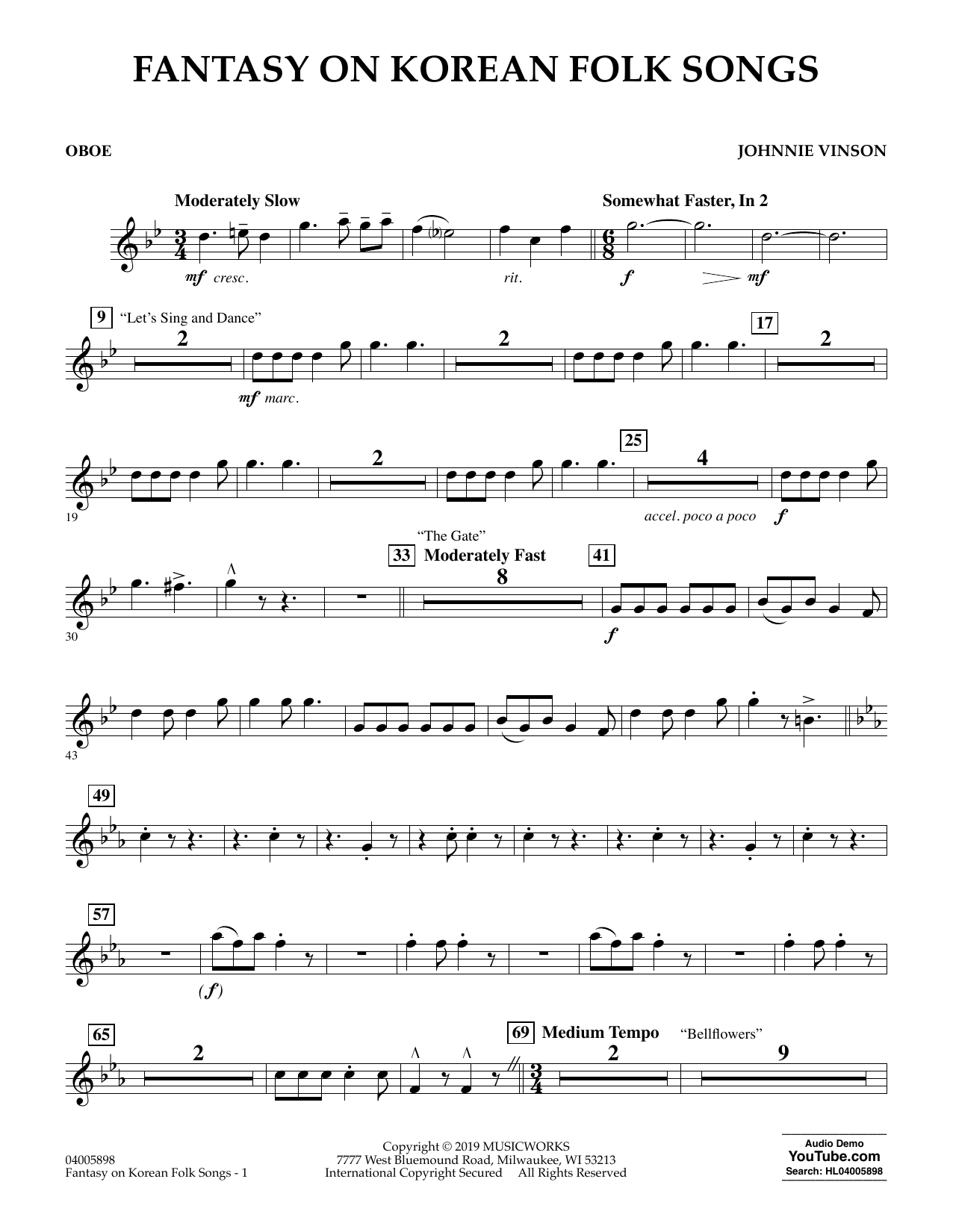 Learn to play Johnnie Vinson Fantasy on Korean Folk Songs - Oboe sheet music for Concert Band in minutes. Johnnie Vinson Fantasy on Korean Folk Songs - Oboe sheet music preview music notes and score for Concert Band including 2 page(s)