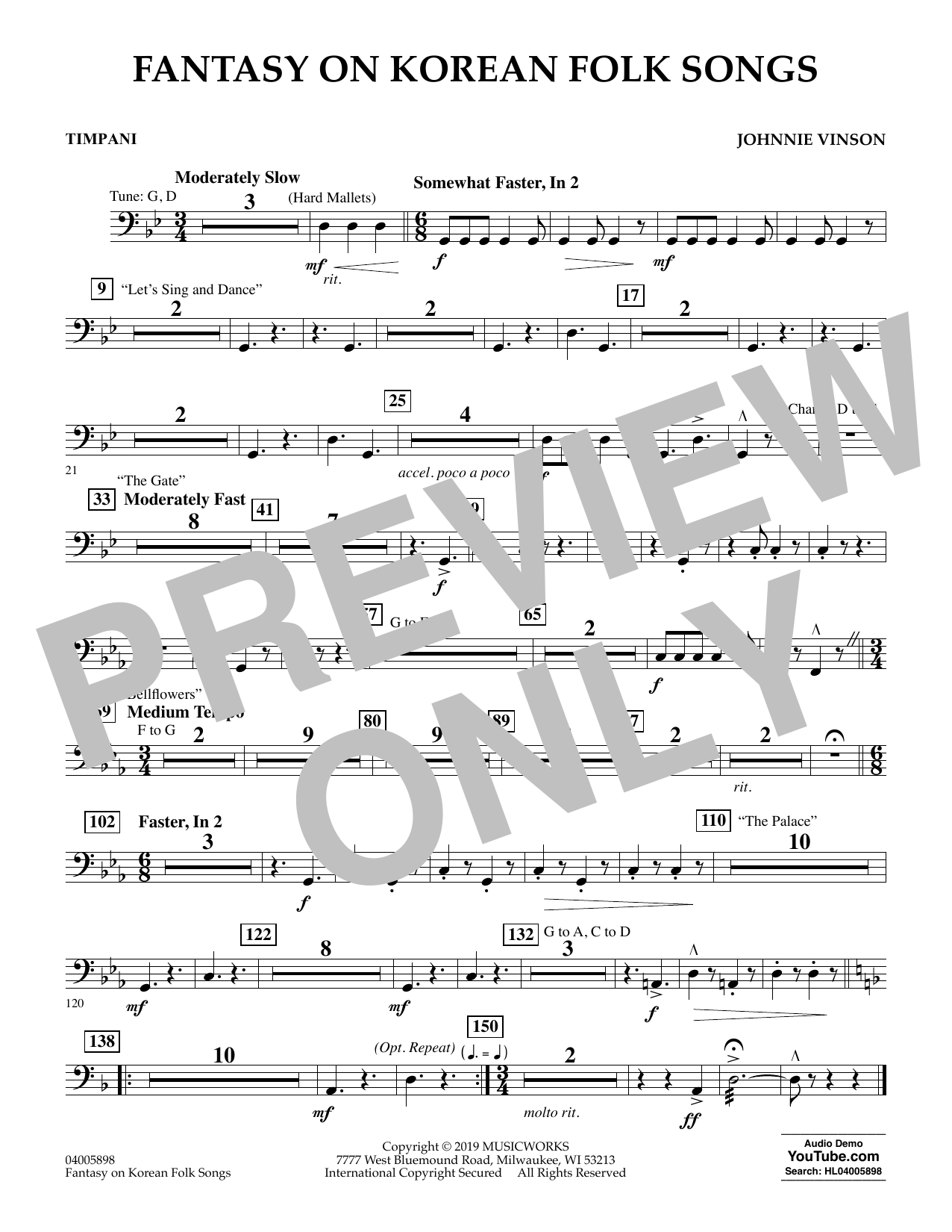 Learn to play Johnnie Vinson Fantasy on Korean Folk Songs - Timpani sheet music for Concert Band in minutes. Johnnie Vinson Fantasy on Korean Folk Songs - Timpani sheet music preview music notes and score for Concert Band including 1 page(s)