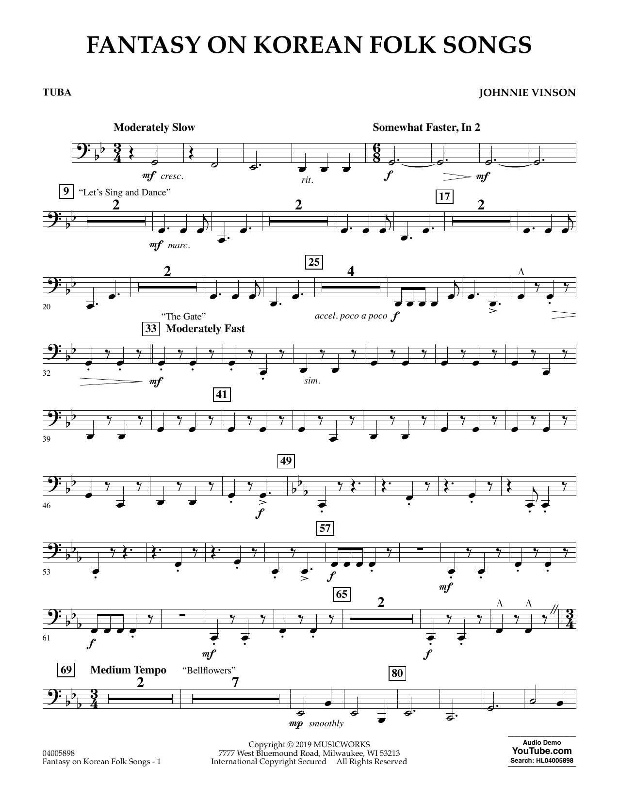 Learn to play Johnnie Vinson Fantasy on Korean Folk Songs - Tuba sheet music for Concert Band in minutes. Johnnie Vinson Fantasy on Korean Folk Songs - Tuba sheet music preview music notes and score for Concert Band including 2 page(s)