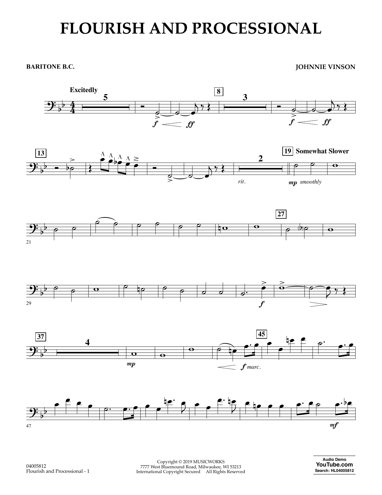 Learn to play Johnnie Vinson Flourish and Processional - Baritone B.C. sheet music for Concert Band in minutes. Johnnie Vinson Flourish and Processional - Baritone B.C. sheet music preview music notes and score for Concert Band including 2 page(s)