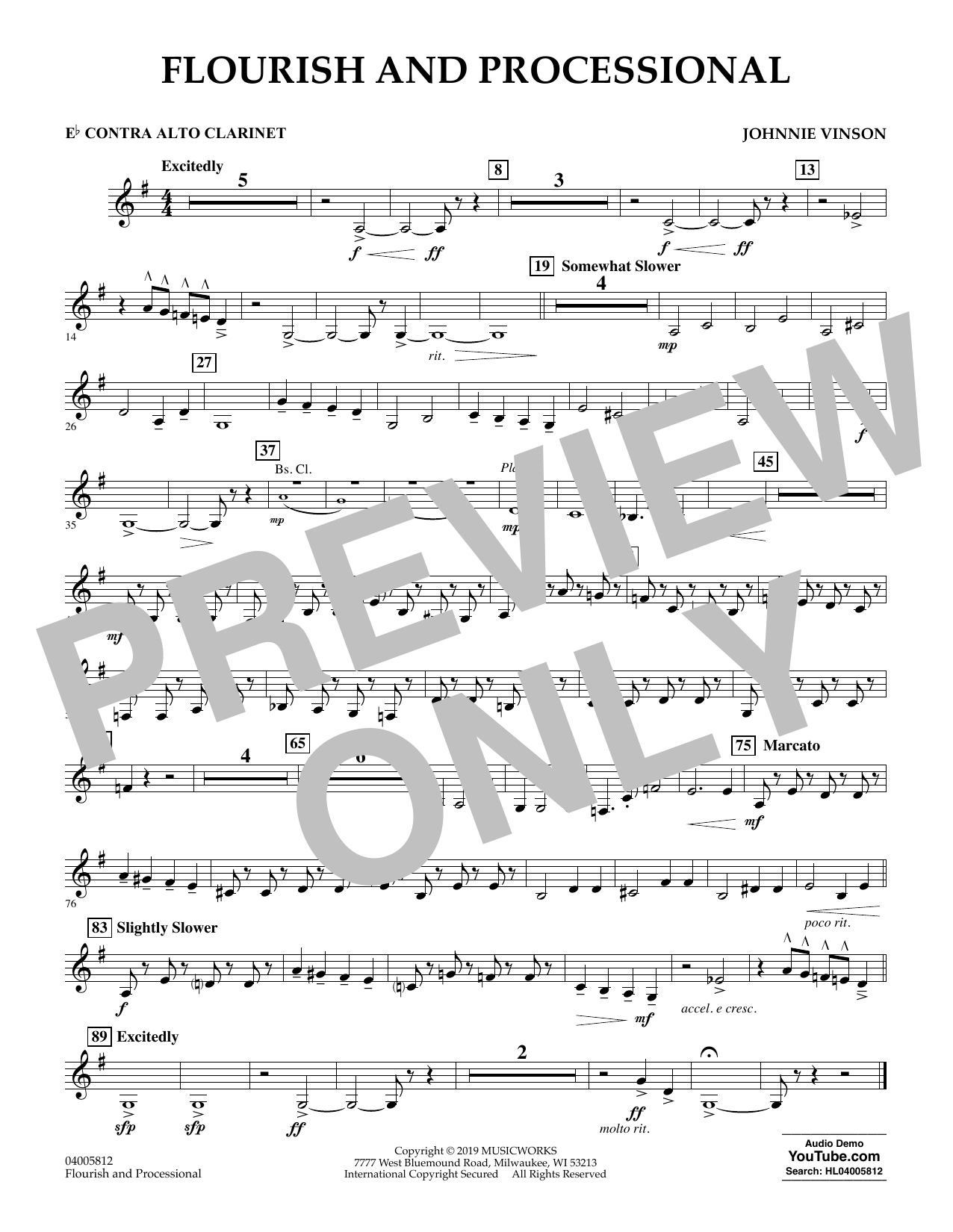 Learn to play Johnnie Vinson Flourish and Processional - Eb Contra Alto Clarinet sheet music for Concert Band in minutes. Johnnie Vinson Flourish and Processional - Eb Contra Alto Clarinet sheet music preview music notes and score for Concert Band including 1 page(s)