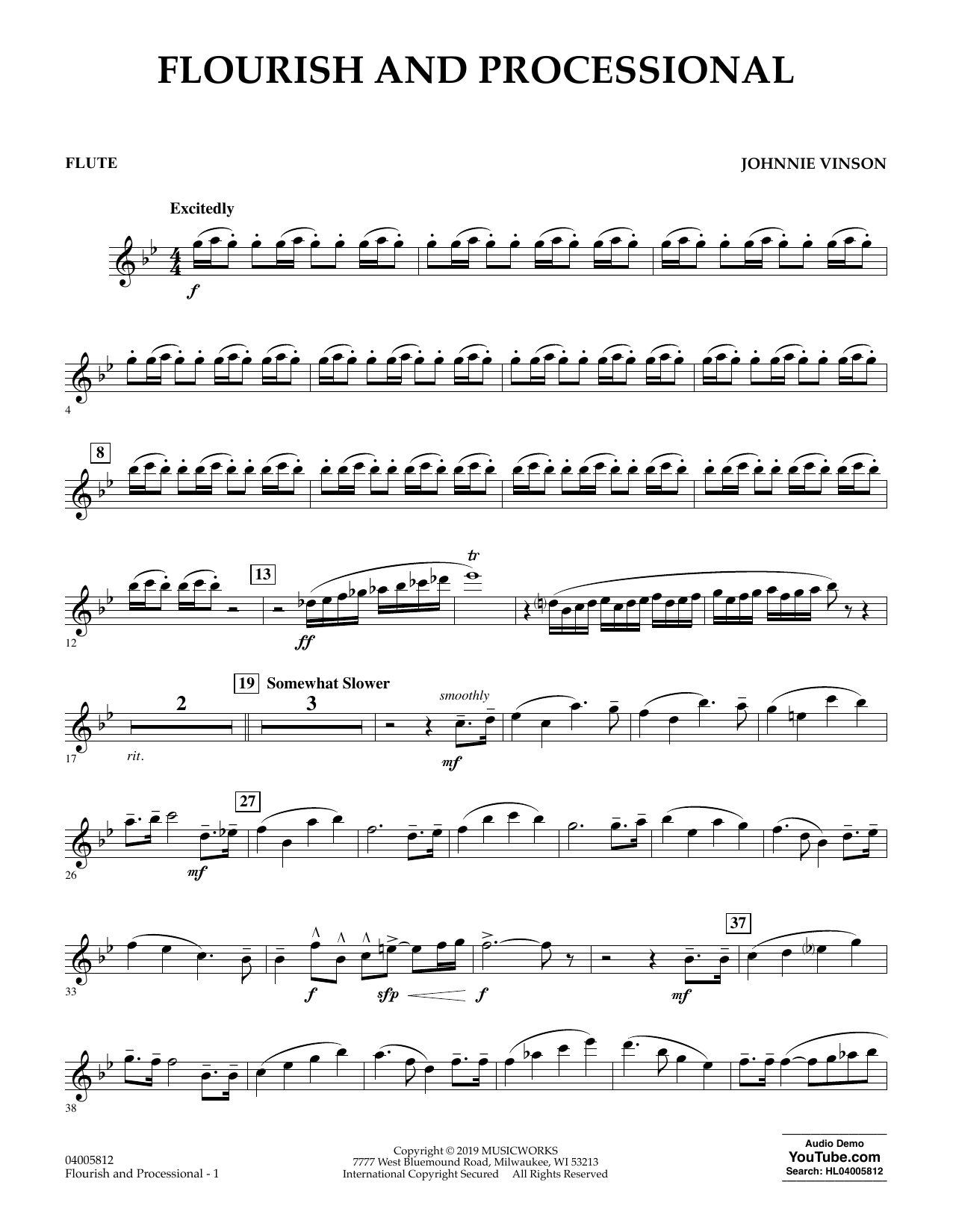 Learn to play Johnnie Vinson Flourish and Processional - Flute sheet music for Concert Band in minutes. Johnnie Vinson Flourish and Processional - Flute sheet music preview music notes and score for Concert Band including 2 page(s)