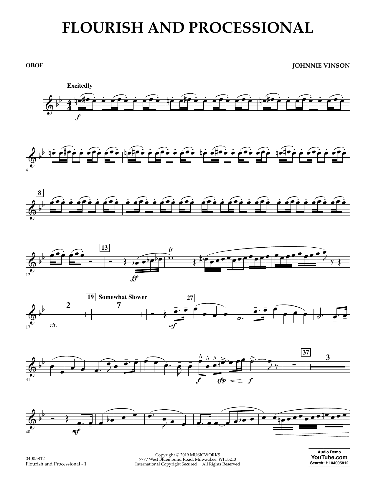 Learn to play Johnnie Vinson Flourish and Processional - Oboe sheet music for Concert Band in minutes. Johnnie Vinson Flourish and Processional - Oboe sheet music preview music notes and score for Concert Band including 2 page(s)