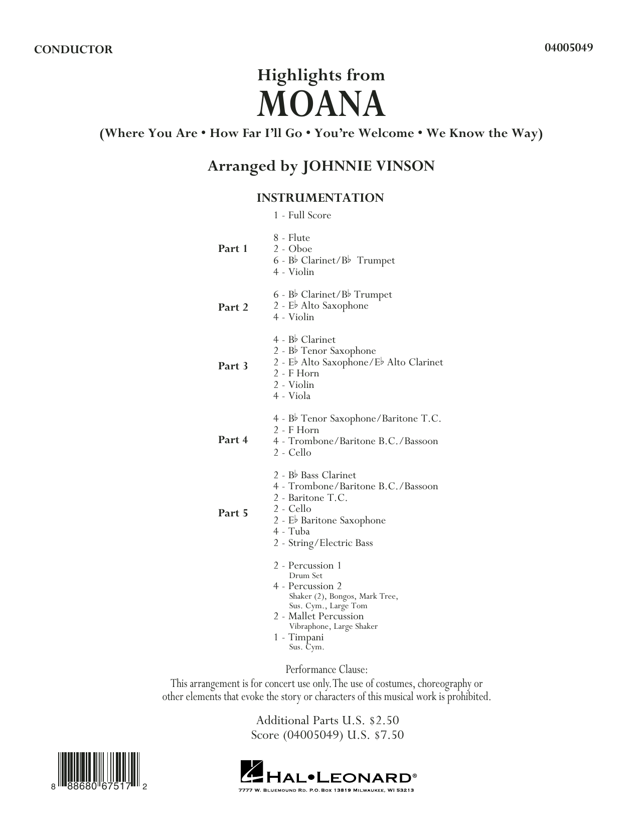 Learn to play Johnnie Vinson Highlights from Moana - Conductor Score (Full Score) sheet music for Concert Band in minutes. Johnnie Vinson Highlights from Moana - Conductor Score (Full Score) sheet music preview music notes and score for Concert Band including 23 page(s)