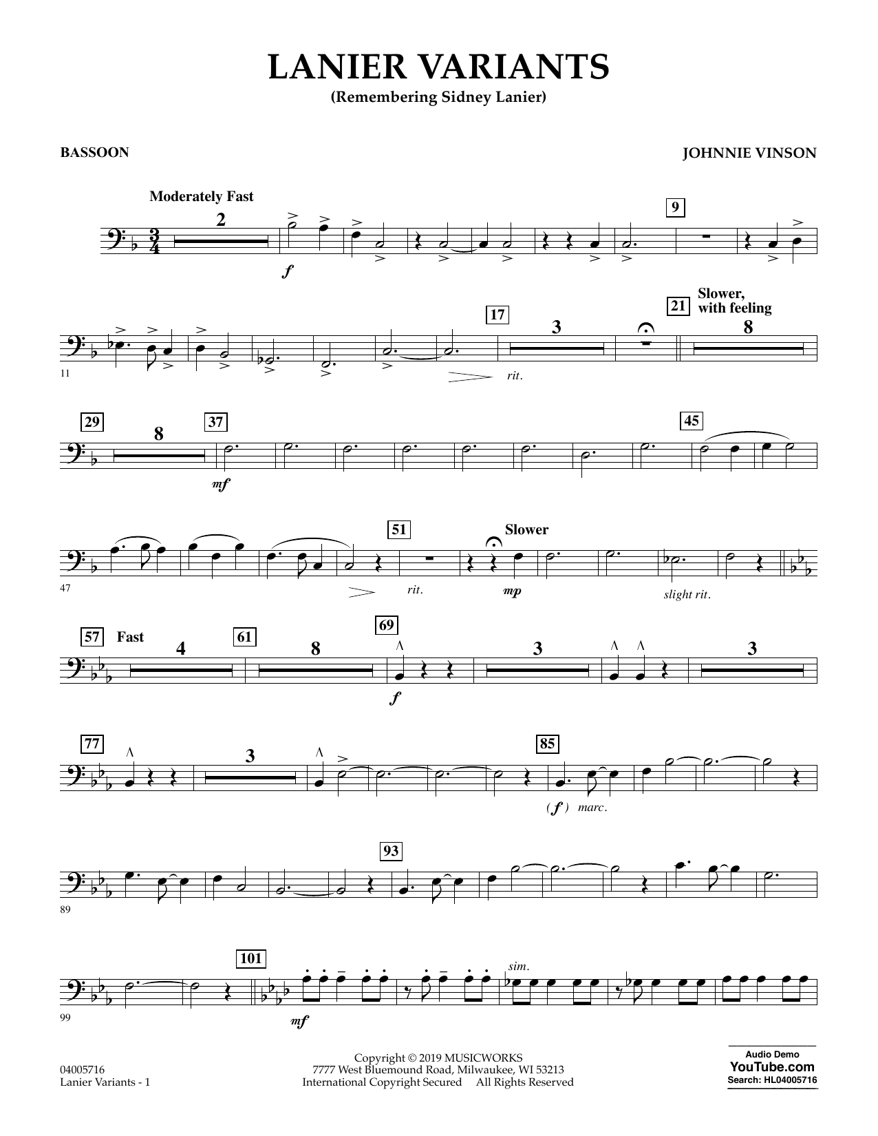 Learn to play Johnnie Vinson Lanier Variants - Bassoon sheet music for Concert Band in minutes. Johnnie Vinson Lanier Variants - Bassoon sheet music preview music notes and score for Concert Band including 2 page(s)