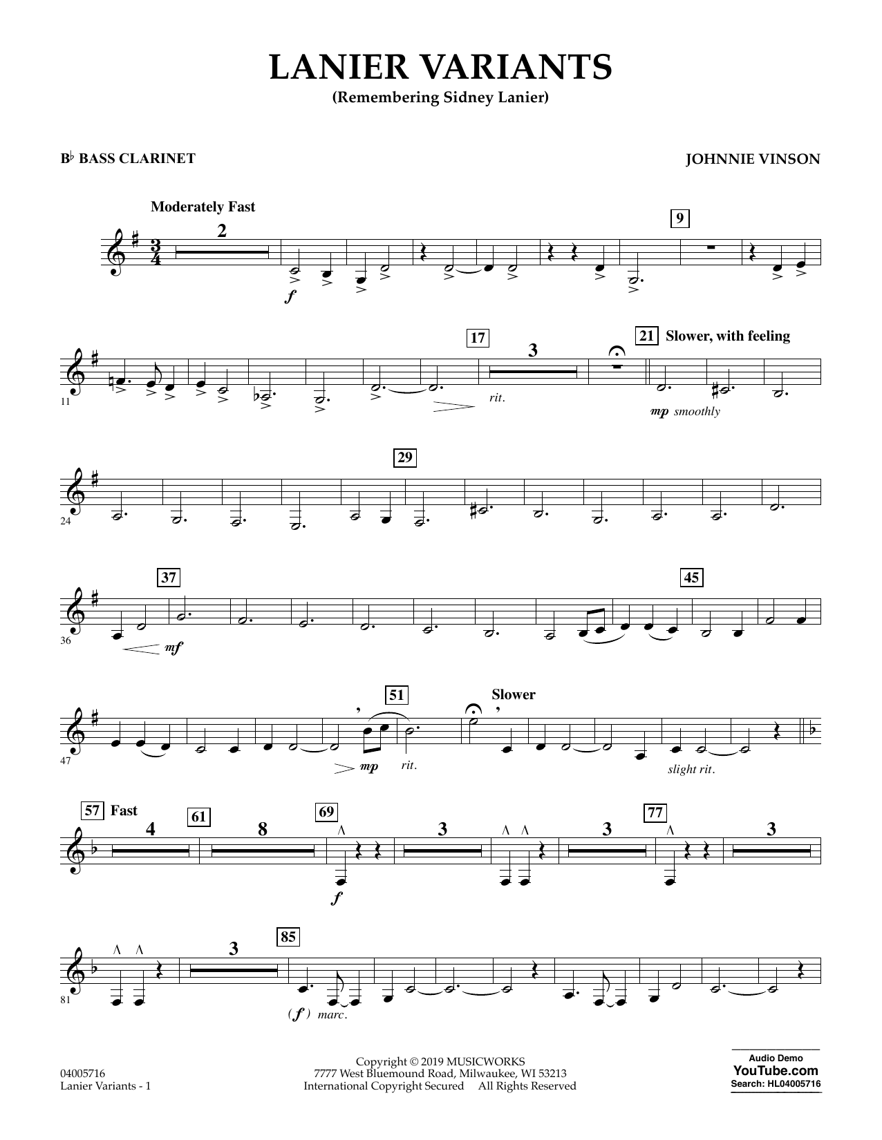 Learn to play Johnnie Vinson Lanier Variants - Bb Bass Clarinet sheet music for Concert Band in minutes. Johnnie Vinson Lanier Variants - Bb Bass Clarinet sheet music preview music notes and score for Concert Band including 2 page(s)