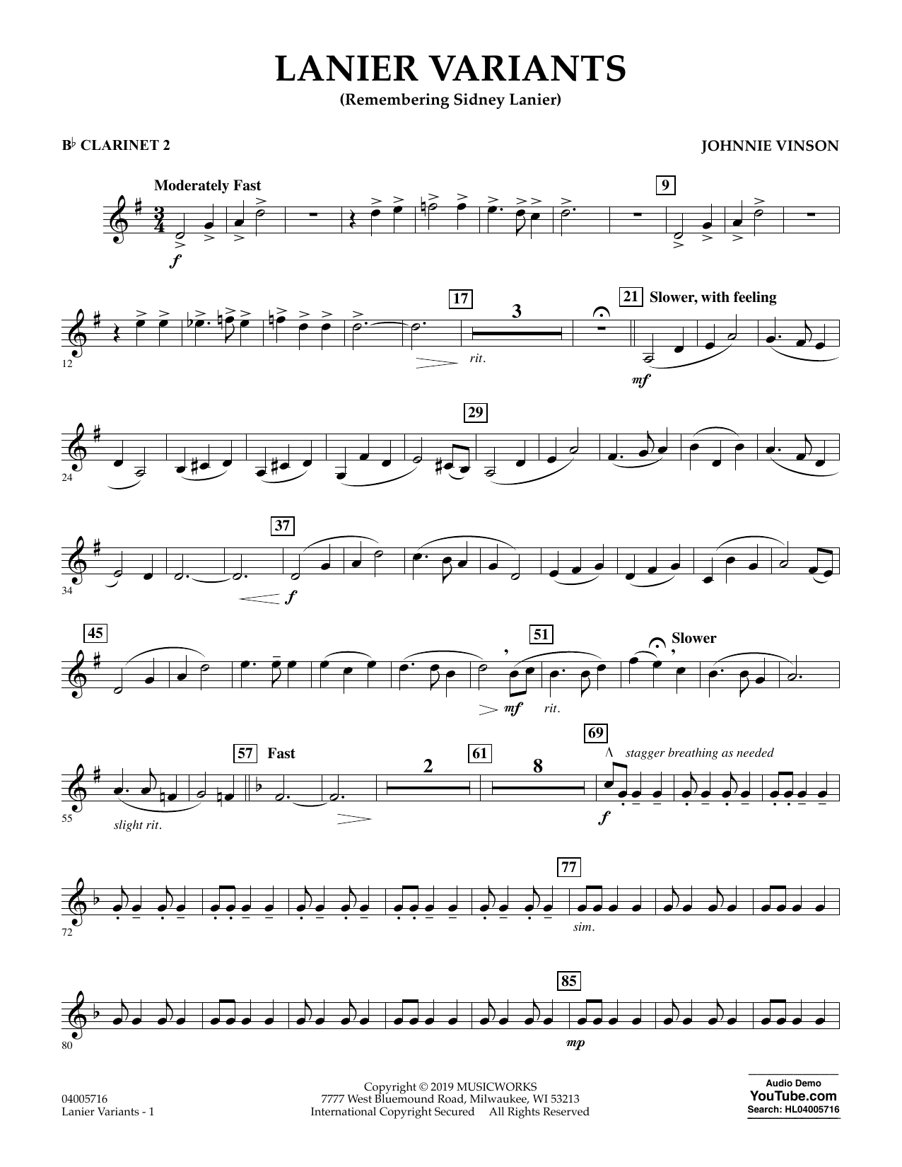 Learn to play Johnnie Vinson Lanier Variants - Bb Clarinet 2 sheet music for Concert Band in minutes. Johnnie Vinson Lanier Variants - Bb Clarinet 2 sheet music preview music notes and score for Concert Band including 2 page(s)