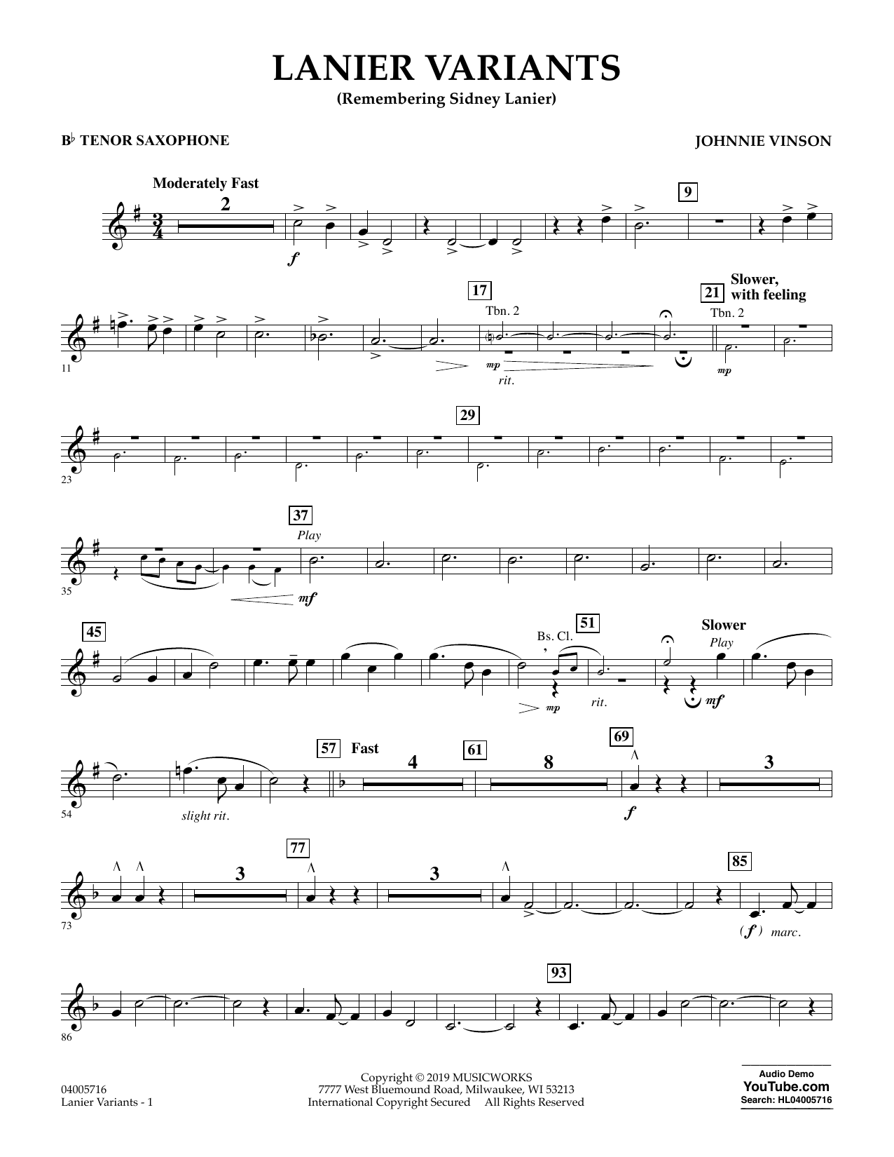 Learn to play Johnnie Vinson Lanier Variants - Bb Tenor Saxophone sheet music for Concert Band in minutes. Johnnie Vinson Lanier Variants - Bb Tenor Saxophone sheet music preview music notes and score for Concert Band including 2 page(s)