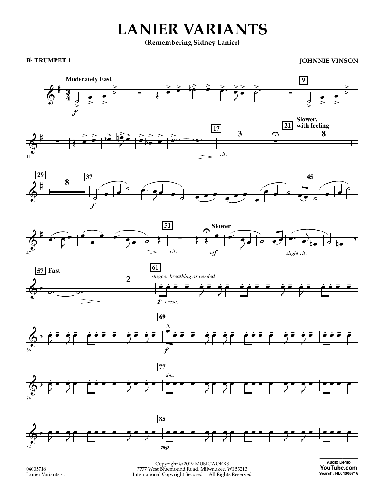 Learn to play Johnnie Vinson Lanier Variants - Bb Trumpet 1 sheet music for Concert Band in minutes. Johnnie Vinson Lanier Variants - Bb Trumpet 1 sheet music preview music notes and score for Concert Band including 2 page(s)