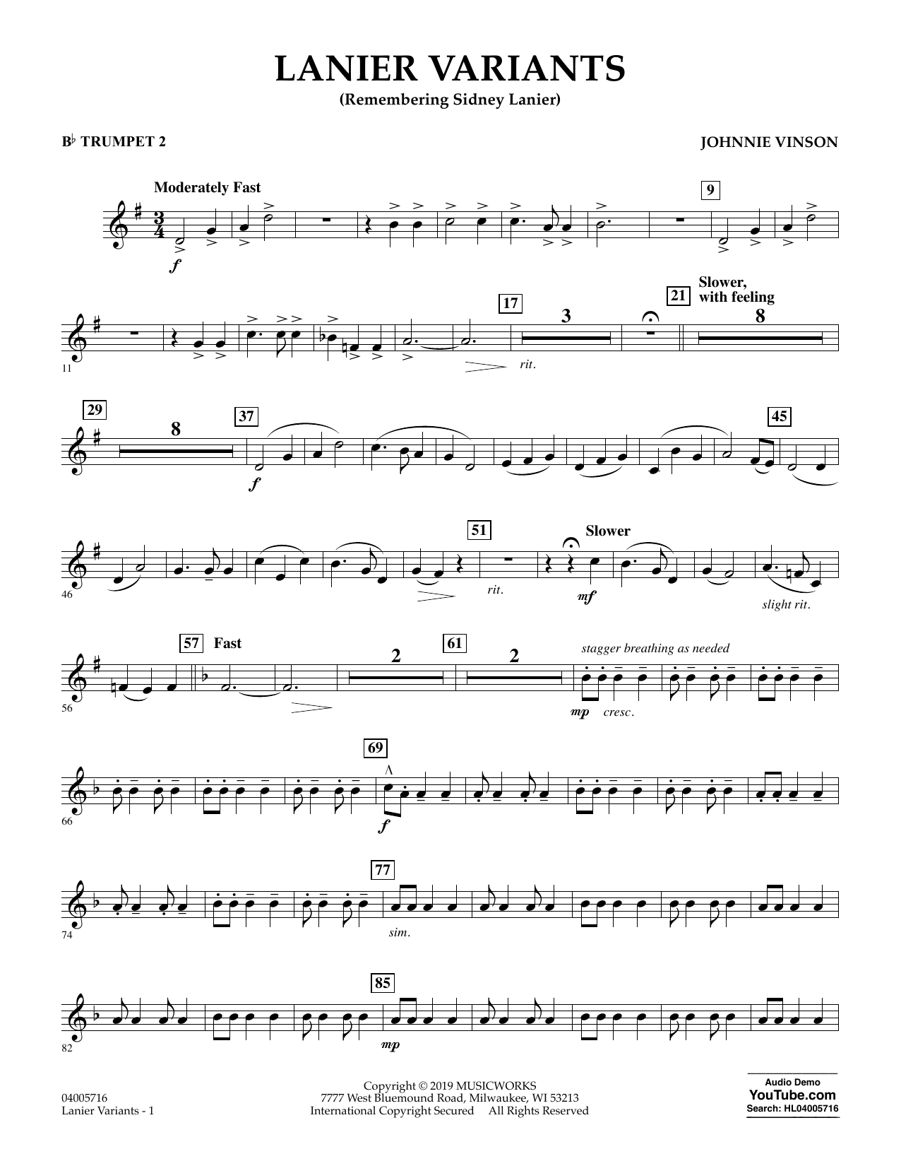 Learn to play Johnnie Vinson Lanier Variants - Bb Trumpet 2 sheet music for Concert Band in minutes. Johnnie Vinson Lanier Variants - Bb Trumpet 2 sheet music preview music notes and score for Concert Band including 2 page(s)