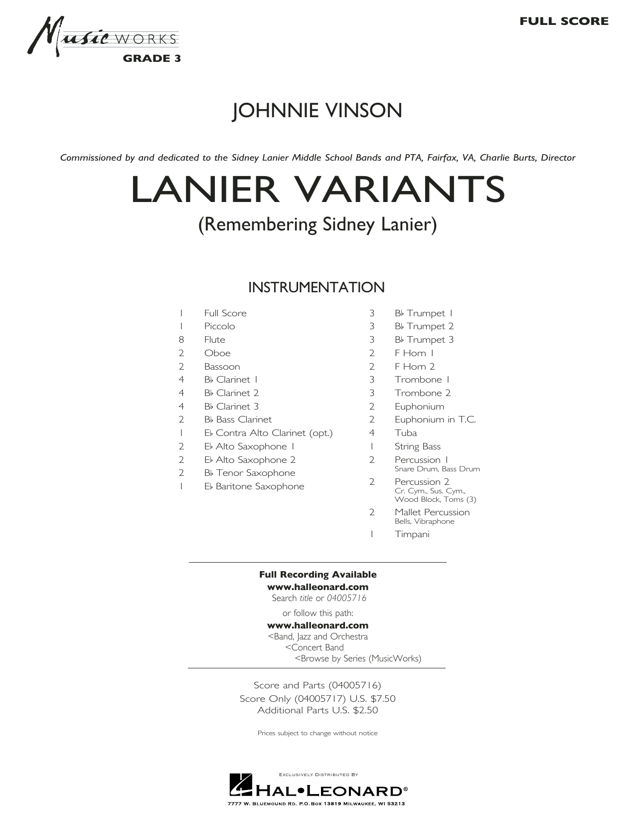 Learn to play Johnnie Vinson Lanier Variants - Conductor Score (Full Score) sheet music for Concert Band in minutes. Johnnie Vinson Lanier Variants - Conductor Score (Full Score) sheet music preview music notes and score for Concert Band including 27 page(s)