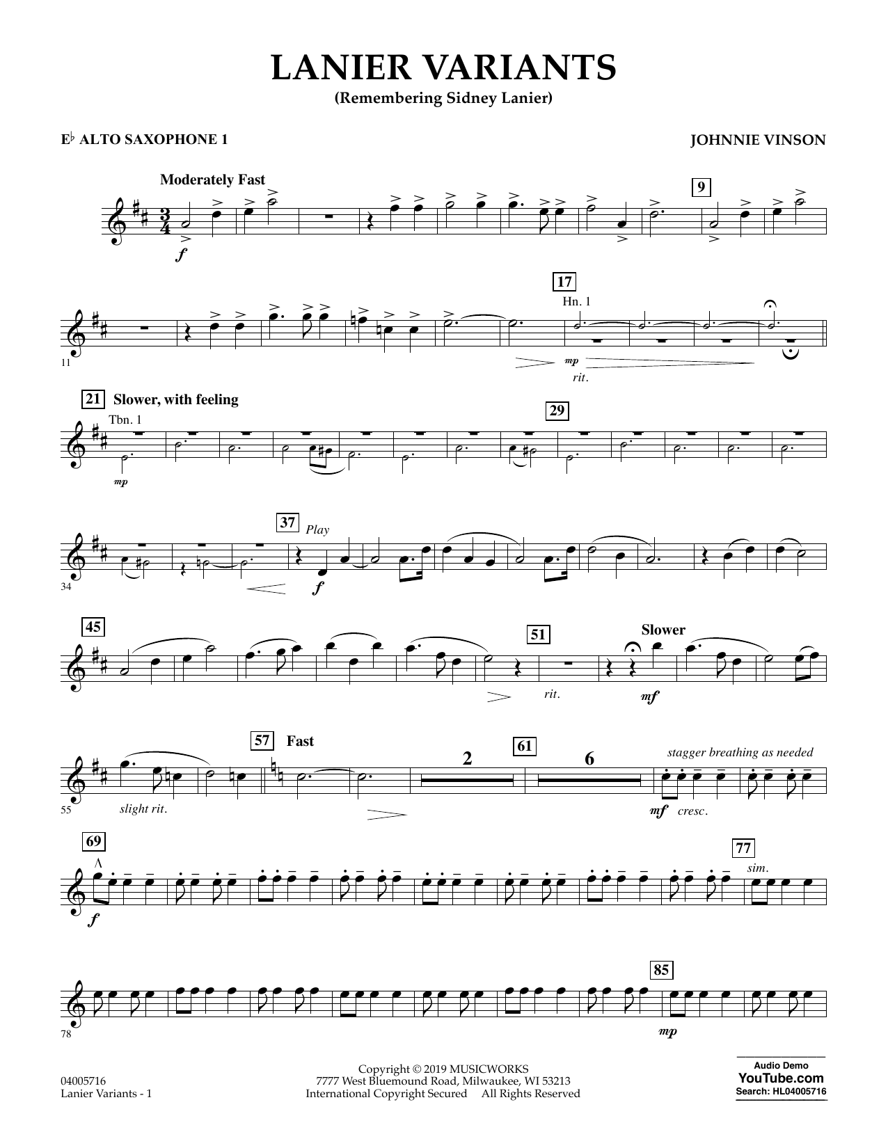 Learn to play Johnnie Vinson Lanier Variants - Eb Alto Saxophone 1 sheet music for Concert Band in minutes. Johnnie Vinson Lanier Variants - Eb Alto Saxophone 1 sheet music preview music notes and score for Concert Band including 2 page(s)