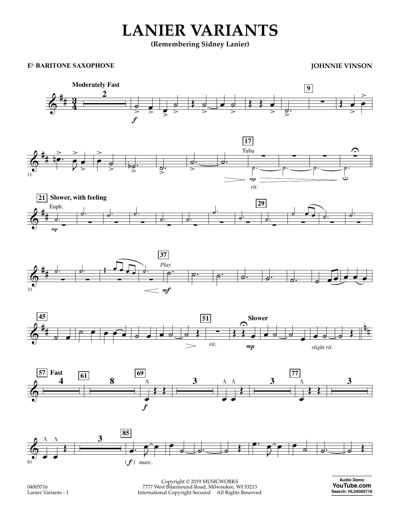 Learn to play Johnnie Vinson Lanier Variants - Eb Baritone Saxophone sheet music for Concert Band in minutes. Johnnie Vinson Lanier Variants - Eb Baritone Saxophone sheet music preview music notes and score for Concert Band including 2 page(s)
