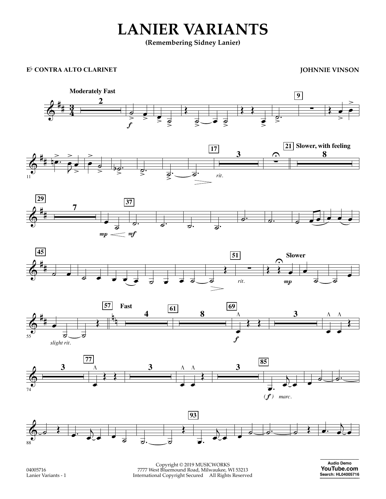 Learn to play Johnnie Vinson Lanier Variants - Eb Contra Alto Clarinet sheet music for Concert Band in minutes. Johnnie Vinson Lanier Variants - Eb Contra Alto Clarinet sheet music preview music notes and score for Concert Band including 2 page(s)