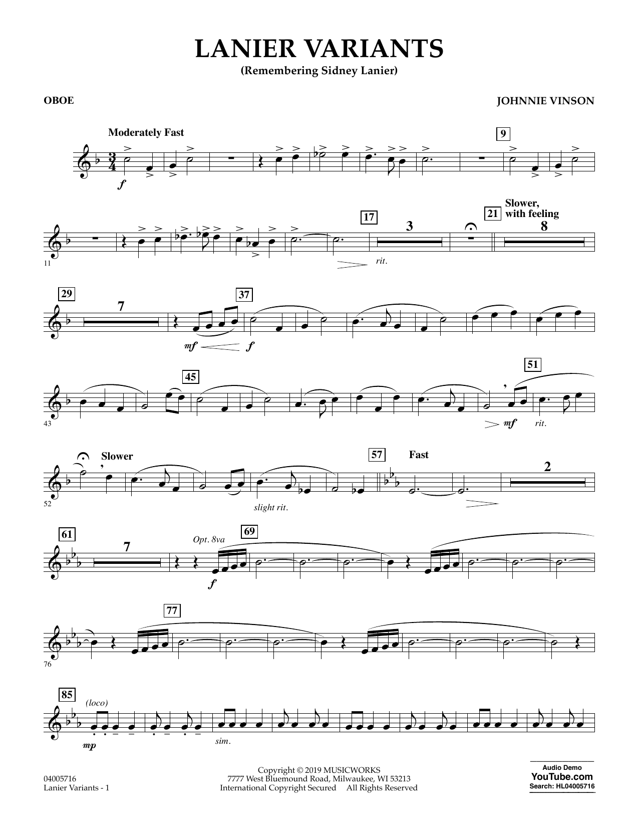 Learn to play Johnnie Vinson Lanier Variants - Oboe sheet music for Concert Band in minutes. Johnnie Vinson Lanier Variants - Oboe sheet music preview music notes and score for Concert Band including 2 page(s)