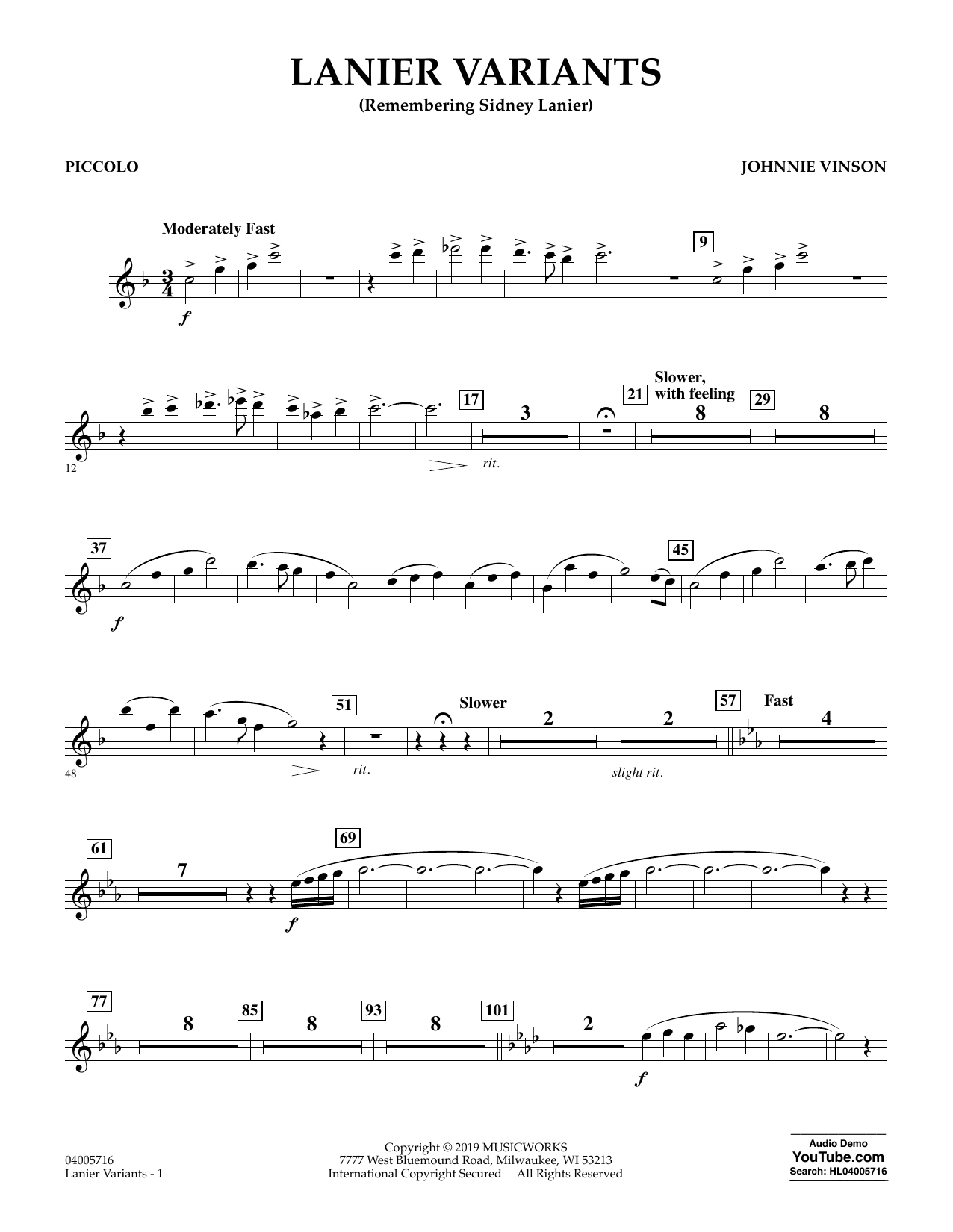 Learn to play Johnnie Vinson Lanier Variants - Piccolo sheet music for Concert Band in minutes. Johnnie Vinson Lanier Variants - Piccolo sheet music preview music notes and score for Concert Band including 2 page(s)