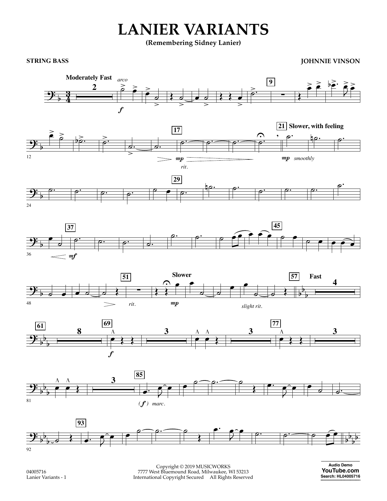 Learn to play Johnnie Vinson Lanier Variants - String Bass sheet music for Concert Band in minutes. Johnnie Vinson Lanier Variants - String Bass sheet music preview music notes and score for Concert Band including 2 page(s)