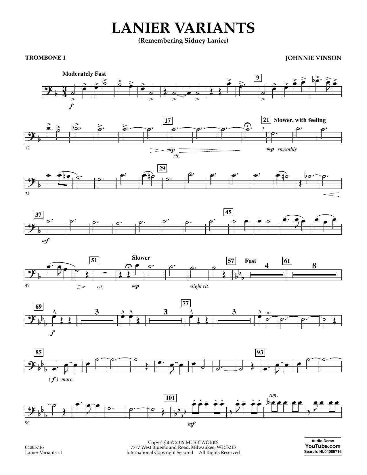Learn to play Johnnie Vinson Lanier Variants - Trombone 1 sheet music for Concert Band in minutes. Johnnie Vinson Lanier Variants - Trombone 1 sheet music preview music notes and score for Concert Band including 2 page(s)
