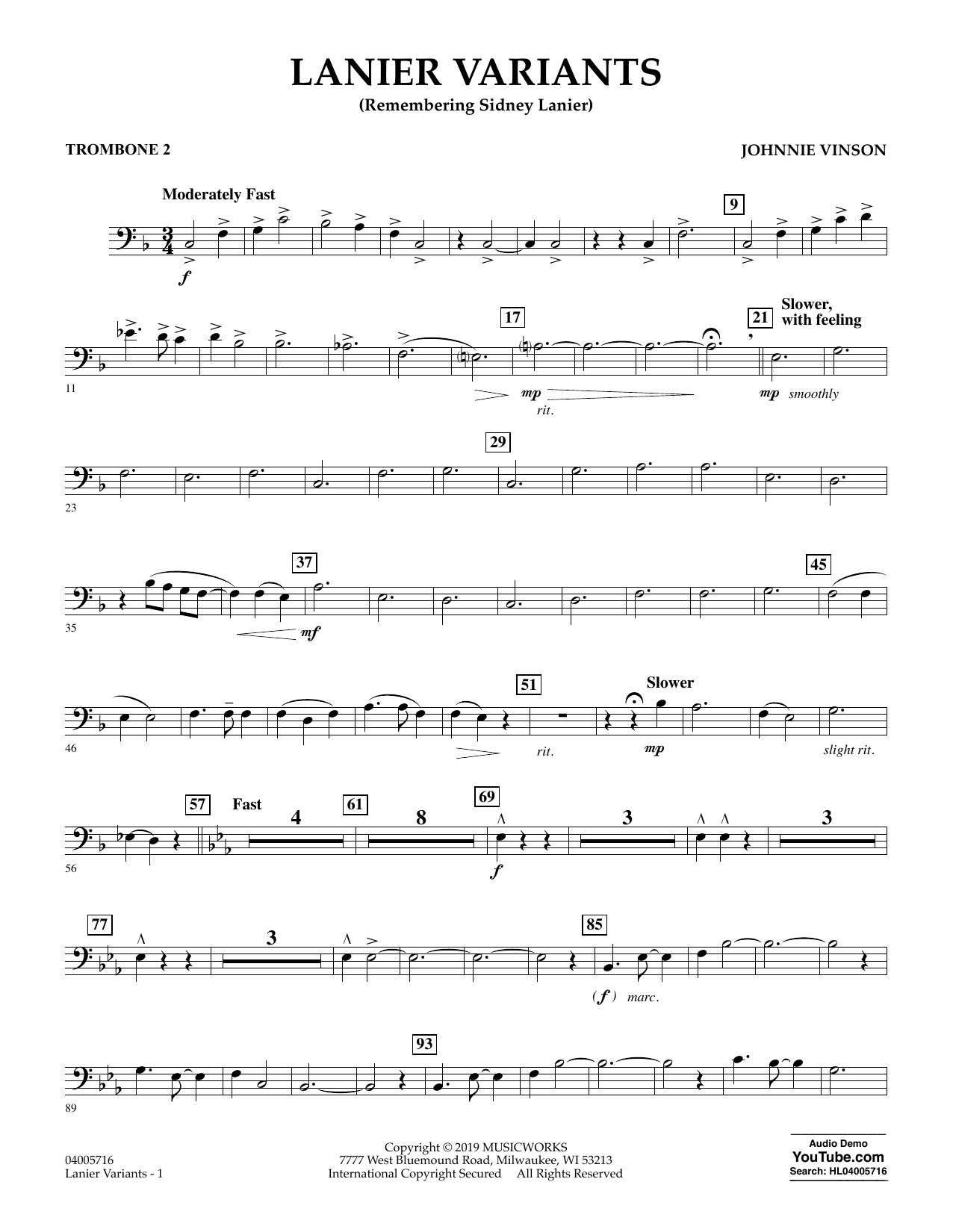 Learn to play Johnnie Vinson Lanier Variants - Trombone 2 sheet music for Concert Band in minutes. Johnnie Vinson Lanier Variants - Trombone 2 sheet music preview music notes and score for Concert Band including 2 page(s)