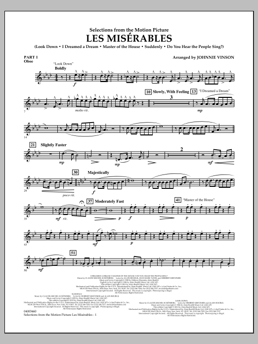 Learn to play Johnnie Vinson Les Miserables (Selections from the Motion Picture) - Pt.1 - Oboe sheet music for Concert Band in minutes. Johnnie Vinson Les Miserables (Selections from the Motion Picture) - Pt.1 - Oboe sheet music notes and chords