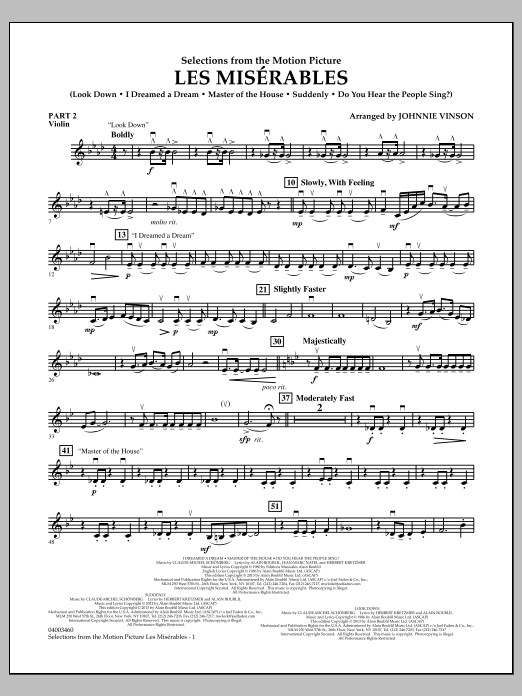 Learn to play Johnnie Vinson Les Miserables (Selections from the Motion Picture) - Pt.2 - Violin sheet music for Concert Band in minutes. Johnnie Vinson Les Miserables (Selections from the Motion Picture) - Pt.2 - Violin sheet music notes and chords