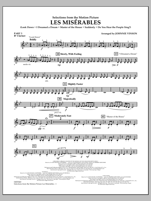 Learn to play Johnnie Vinson Les Miserables (Selections from the Motion Picture) - Pt.3 - Bb Clarinet sheet music for Concert Band in minutes. Johnnie Vinson Les Miserables (Selections from the Motion Picture) - Pt.3 - Bb Clarinet sheet music notes and chords