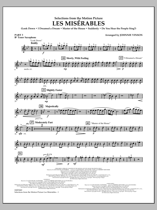 Learn to play Johnnie Vinson Les Miserables (Selections from the Motion Picture) - Pt.3 - Bb Tenor Saxophone sheet music for Concert Band in minutes. Johnnie Vinson Les Miserables (Selections from the Motion Picture) - Pt.3 - Bb Tenor Saxophone sheet music notes and chords