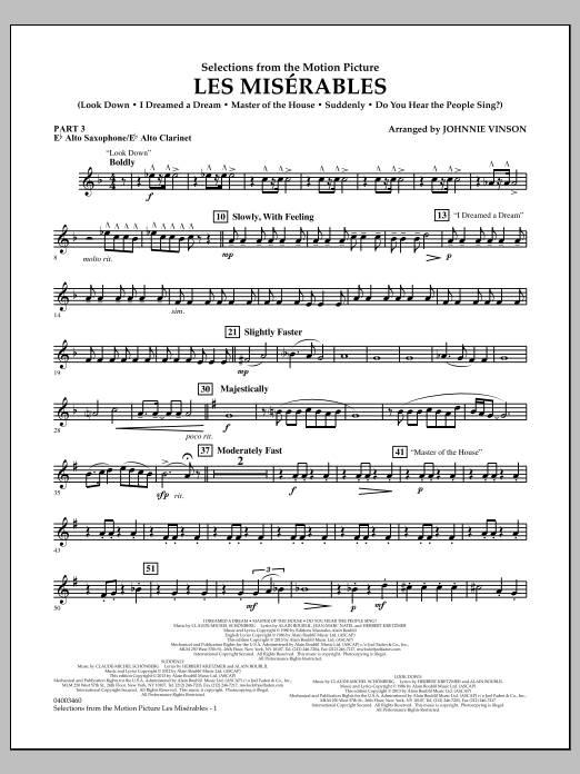 Learn to play Johnnie Vinson Les Miserables (Selections from the Motion Picture) - Pt.3 - Eb Alto Sax/Alto Clar. sheet music for Concert Band in minutes. Johnnie Vinson Les Miserables (Selections from the Motion Picture) - Pt.3 - Eb Alto Sax/Alto Clar. sheet music notes and chords
