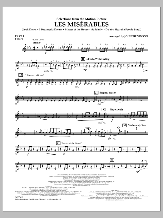 Learn to play Johnnie Vinson Les Miserables (Selections from the Motion Picture) - Pt.3 - F Horn sheet music for Concert Band in minutes. Johnnie Vinson Les Miserables (Selections from the Motion Picture) - Pt.3 - F Horn sheet music notes and chords