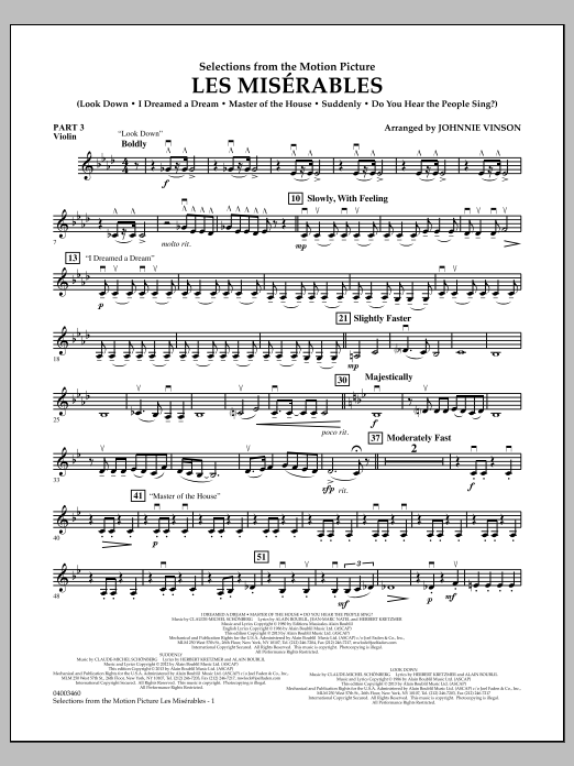 Learn to play Johnnie Vinson Les Miserables (Selections from the Motion Picture) - Pt.3 - Violin sheet music for Concert Band in minutes. Johnnie Vinson Les Miserables (Selections from the Motion Picture) - Pt.3 - Violin sheet music notes and chords