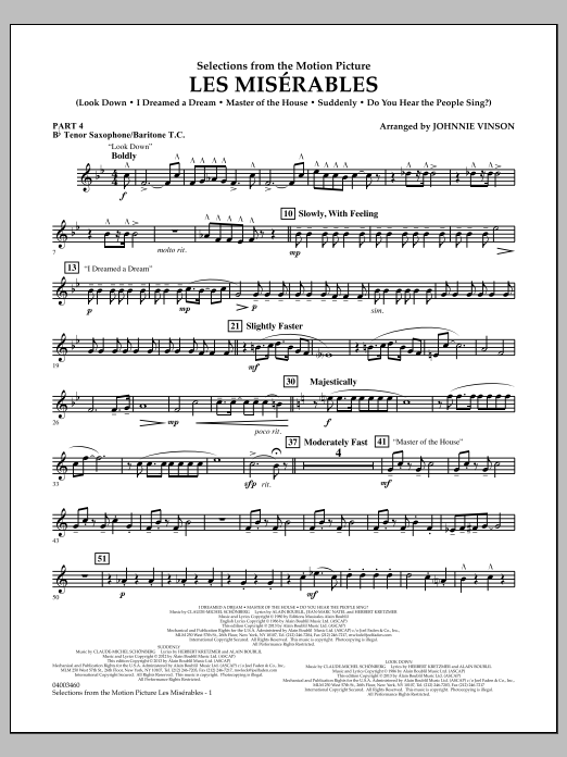Learn to play Johnnie Vinson Les Miserables (Selections from the Motion Picture) - Pt.4 - Bb Tenor Sax/Bar. T.C. sheet music for Concert Band in minutes. Johnnie Vinson Les Miserables (Selections from the Motion Picture) - Pt.4 - Bb Tenor Sax/Bar. T.C. sheet music notes and chords