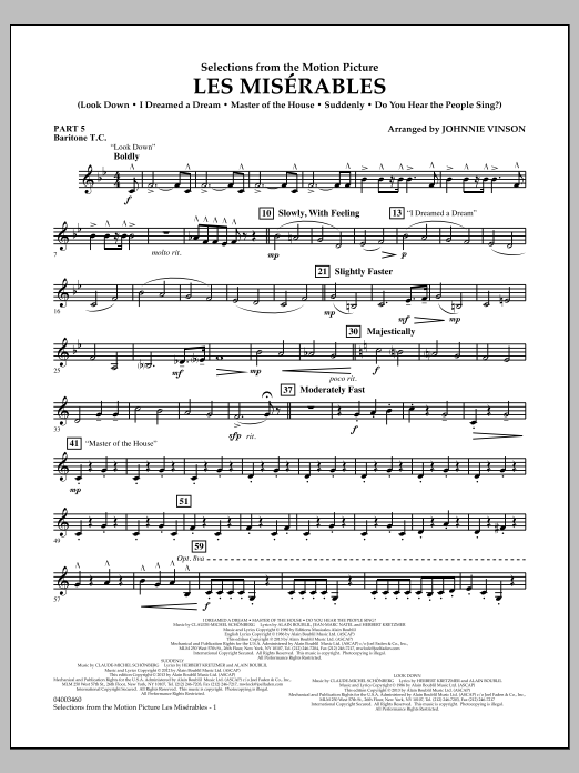 Learn to play Johnnie Vinson Les Miserables (Selections from the Motion Picture) - Pt.5 - Baritone T.C. sheet music for Concert Band in minutes. Johnnie Vinson Les Miserables (Selections from the Motion Picture) - Pt.5 - Baritone T.C. sheet music notes and chords