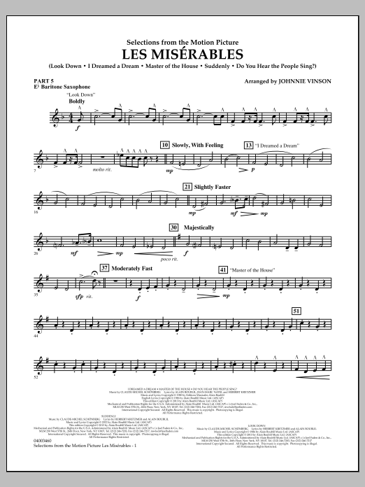Learn to play Johnnie Vinson Les Miserables (Selections from the Motion Picture) - Pt.5 - Eb Baritone Saxophone sheet music for Concert Band in minutes. Johnnie Vinson Les Miserables (Selections from the Motion Picture) - Pt.5 - Eb Baritone Saxophone sheet music notes and chords