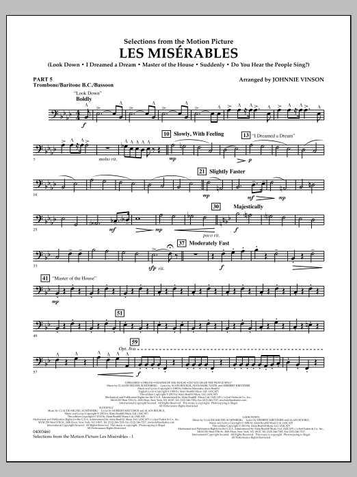 Learn to play Johnnie Vinson Les Miserables (Selections from the Motion Picture) - Pt.5 - Trombone/Bar. B.C./Bsn. sheet music for Concert Band in minutes. Johnnie Vinson Les Miserables (Selections from the Motion Picture) - Pt.5 - Trombone/Bar. B.C./Bsn. sheet music notes and chords