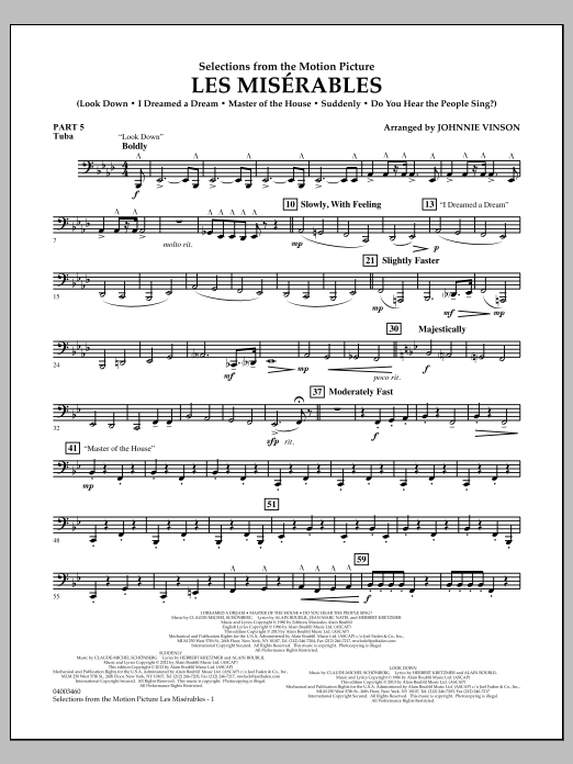 Learn to play Johnnie Vinson Les Miserables (Selections from the Motion Picture) - Pt.5 - Tuba sheet music for Concert Band in minutes. Johnnie Vinson Les Miserables (Selections from the Motion Picture) - Pt.5 - Tuba sheet music notes and chords